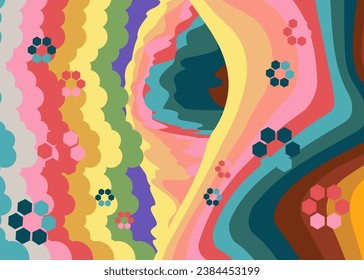 Simple retro 70s background. Groovy abstract 1970s art template. Buzy Vintage design poster. Old-fashioned rainbow color artwork.