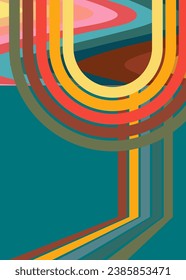 Simple retro 70s lines background. Groovy abstract 1970s art template. Buzy Vintage design poster. Old-fashioned rainbow color artwork.