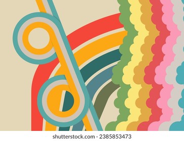 Simple retro 70s lines background. Groovy abstract 1970s art template. Buzy Vintage design poster. Old-fashioned rainbow color artwork.
