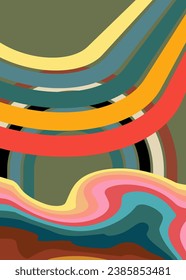 Simple retro 70s lines background. Groovy abstract 1970s art template. Buzy Vintage design poster. Old-fashioned rainbow color artwork.