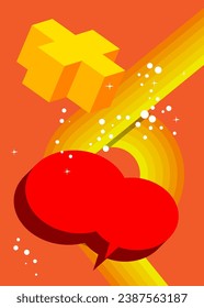 Simple retro 70s lines background with speech bubble and yellow plus sign. Groovy abstract 1970s art template. Buzy Vintage design poster.