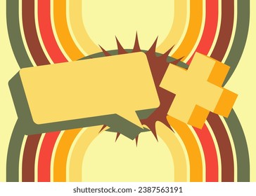 Simple retro 70s lines background with speech bubble and yellow plus sign. Groovy abstract 1970s art template. Buzy Vintage design poster.