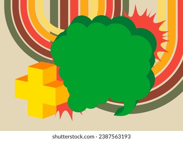 Simple retro 70s lines background with speech bubble and yellow plus sign. Groovy abstract 1970s art template. Buzy Vintage design poster.