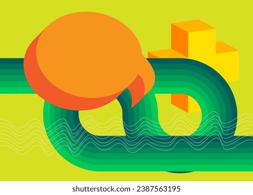 Simple retro 70s lines background with speech bubble and yellow plus sign. Groovy abstract 1970s art template. Buzy Vintage design poster.