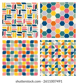 Simple retro bauhaus colorful geometric pattern set. Vector seamless colorful pattern collection