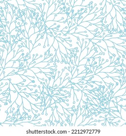 Simple retro blue leaves botanical seamless pattern on white background