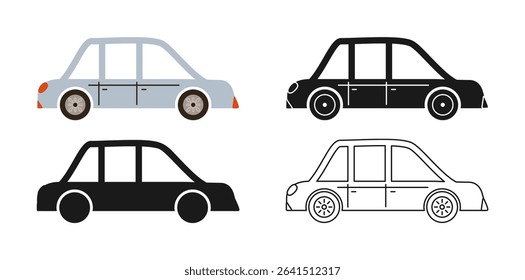 Simple retro Car icon symbol cartoon set. Hand drawn cute automobile car in multiple styles colored, silhouette, outline kid collection. Simple children funny auto transport icon vector illustration