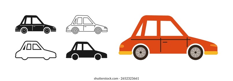 Simple retro Car icon symbol cartoon set. Hand drawn cute automobile car in multiple styles colored, silhouette, outline kid collection. Simple children funny auto transport icon vector illustration