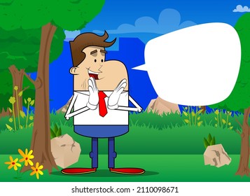 Simple retro cartoon of a businessman with clapping hands. Professional finance employee wearing white shirt with red tie.