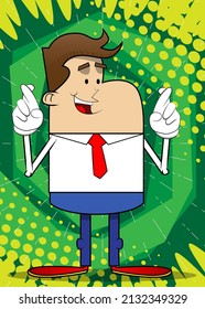 Simple retro cartoon of a businessman crossing his fingers and wishing for good luck. Professional finance employee white wearing shirt with red tie.