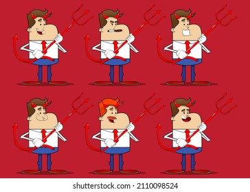 Simple retro cartoon of a businessman devil with pitchfork. Professional finance employee wearing white shirt with red tie.