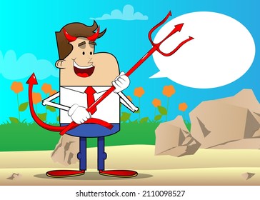 Einfache Retro-Cartoon eines Geschäftsmannes Teufel mit Pitchfork. Professioneller Finanzangestellter mit weißem Hemd mit roter Krawatte.