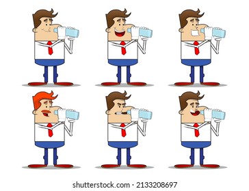 Simple caricatura retro de un hombre de negocios bebiendo agua de una botella de vidrio. Empleado profesional de finanzas blanco usando camisa con corbata roja.
