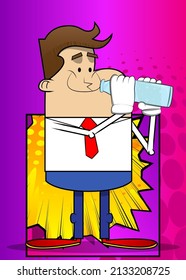 Simple retro cartoon of a businessman drinking water from a glass bottle. Professional finance employee white wearing shirt with red tie.