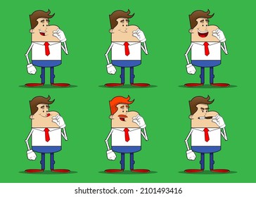 Simple retro cartoon of a businessman gesturing a small amount with hand. Professional finance employee white wearing shirt with red tie.