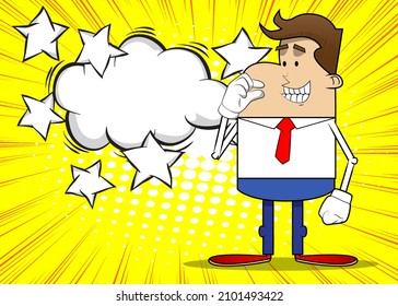 Simple retro cartoon of a businessman gesturing a small amount with hand. Professional finance employee white wearing shirt with red tie.
