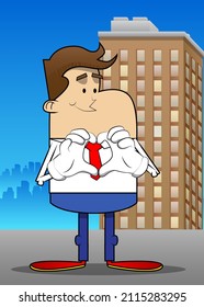 Simple retro cartoon of a businessman with heart shape hand gesture. Professional finance employee white wearing shirt with red tie.
