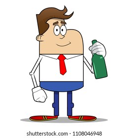 Simple retro cartoon of a businessman holding a bottle. Vector cartoon illustration.