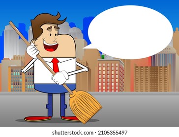 Simple retro cartoon of a businessman holding a broom. Professional finance employee white wearing shirt with red tie.
