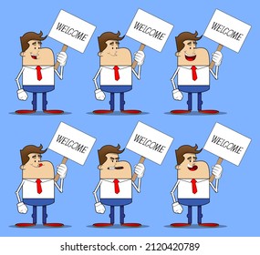 Simple retro cartoon of a businessman holding a banner with welcome text. Professional finance employee white wearing shirt with red tie.