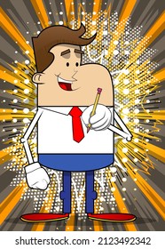 Simple retro cartoon of a businessman holding a pencil. Professional finance employee white wearing shirt with red tie.