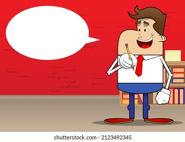 Simple retro cartoon of a businessman holding a pencil. Professional finance employee white wearing shirt with red tie.