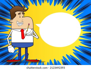 Simple retro cartoon of a businessman holding a pencil. Professional finance employee white wearing shirt with red tie.