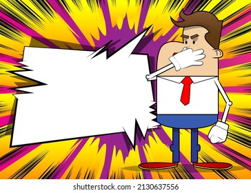 Simple retro cartoon of a businessman holding his nose because of a bad smell. Professional finance employee white wearing shirt with red tie.