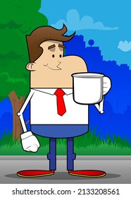 Simple retro cartoon of a businessman holding big mug. Professional finance employee white wearing shirt with red tie.