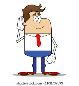 Simple retro cartoon of a businessman holds hand at his ear, listening. Vector cartoon illustration.