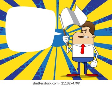 Simple retro cartoon of a businessman holds white flag of surrender. Professional finance employee white wearing shirt with red tie.