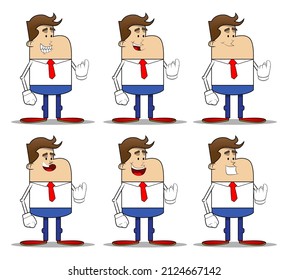 Simple retro cartoon of a businessman with inviting hand sign, to come here expression. Professional finance employee white wearing shirt with red tie.