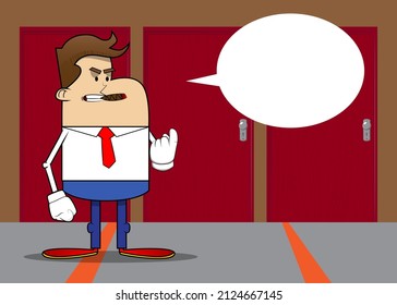Simple retro cartoon of a businessman with inviting hand sign, to come here expression. Professional finance employee white wearing shirt with red tie.
