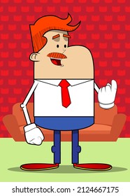 Simple retro cartoon of a businessman with inviting hand sign, to come here expression. Professional finance employee white wearing shirt with red tie.