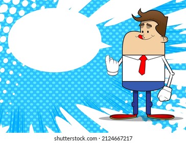 Simple retro cartoon of a businessman with inviting hand sign, to come here expression. Professional finance employee white wearing shirt with red tie.