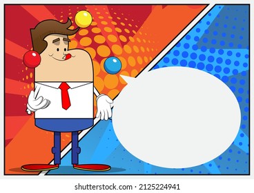 Simple retro cartoon of a businessman juggler. Professional finance employee white wearing shirt with red tie.