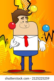 Simple retro cartoon of a businessman juggler. Professional finance employee white wearing shirt with red tie.