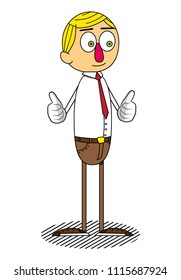 Simple retro cartoon of a businessman making thumbs up sign with two hands. Vector cartoon illustration.