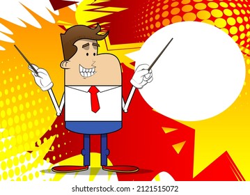 Simple retro cartoon of a businessman orchestra conductor. Professional finance employee white wearing shirt with red tie.