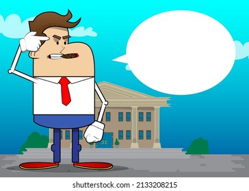 Simple retro cartoon of a businessman putting an imaginary gun to his head. Professional finance employee white wearing shirt with red tie.