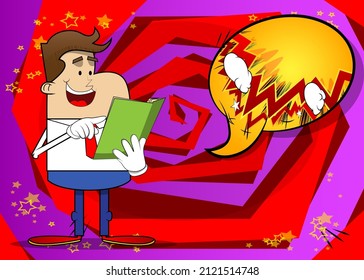 Simple retro cartoon of a businessman reading and pointing at an opened book. Professional finance employee white wearing shirt with red tie.