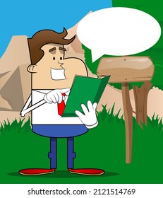 Simple retro cartoon of a businessman reading and pointing at an opened book. Professional finance employee white wearing shirt with red tie.