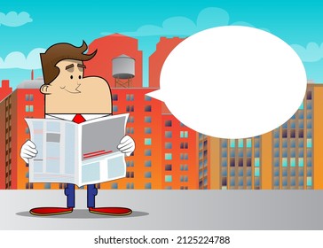 Simple retro cartoon of a businessman reading newspaper. Professional finance employee white wearing shirt with red tie.