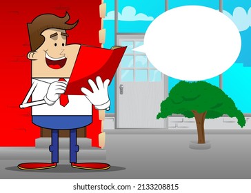 Simple retro cartoon of a businessman reading a red book. Professional finance employee white wearing shirt with red tie.