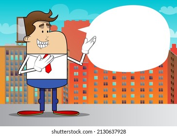 Simple retro cartoon of a businessman showing something with both hands, powerful hand gesture. Professional finance employee white wearing shirt with red tie.