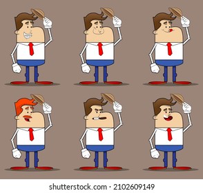 Simple retro cartoon of a businessman tipping his hat. Professional finance employee white wearing shirt with red tie.