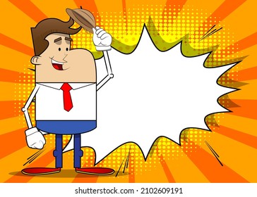 Simple retro cartoon of a businessman tipping his hat. Professional finance employee white wearing shirt with red tie.