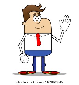 Simple retro cartoon of a businessman with waving hand. Vector cartoon illustration.