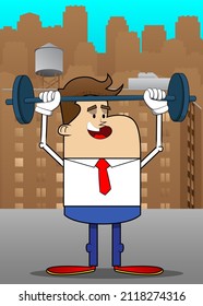 Simple retro cartoon of a businessman weightlifter lifting barbell. Professional finance employee white wearing shirt with red tie.
