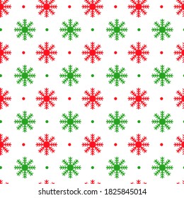 Simple retro Christmas seamless pattern with snowflakes. Traditional red and green colors background. Vector illustration. Winter endless texture can be copied without any seams